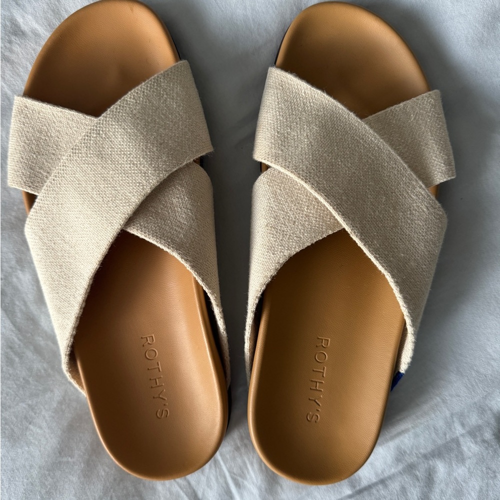 Rothy's The Weekend Slide Oat Criss-Cross Sandals Minimalist Design